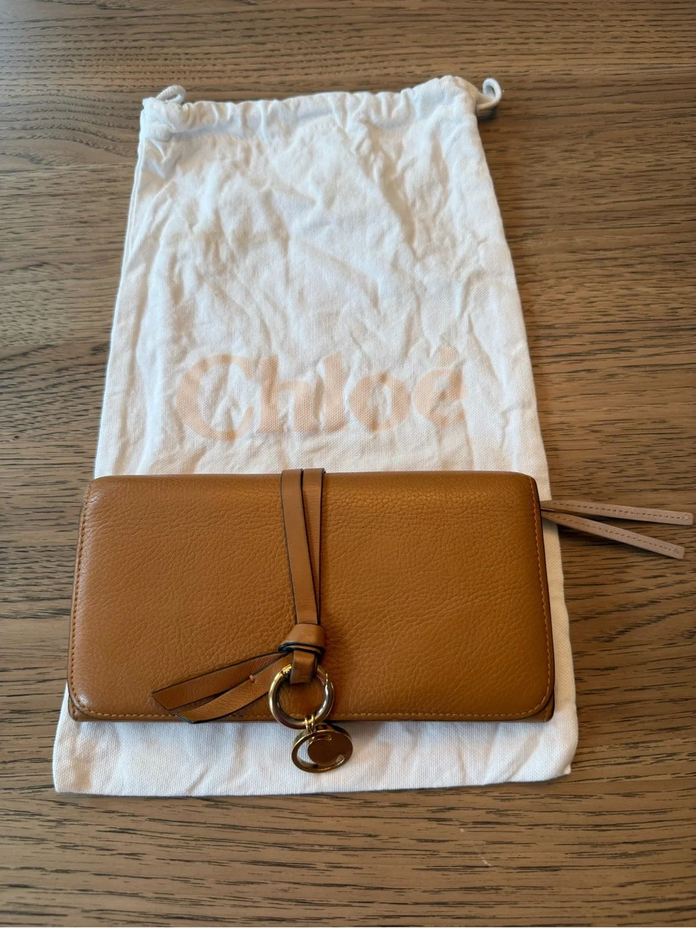 Chloe Tan/Cognac Leather Zip Wallet with Tassel Ring Charm